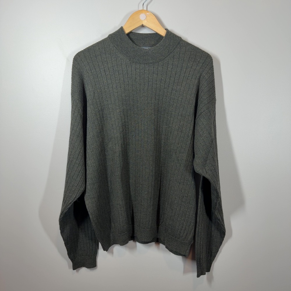 Consensus Mens XL Olive Green Merino Wool Ribbed Mock Neck Sweater UK Vintage